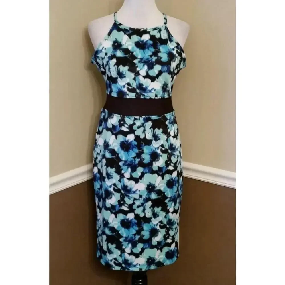 Blue Floral Halter Neckline Midi ModCloth Dress with Sheer Waist by Roxberi